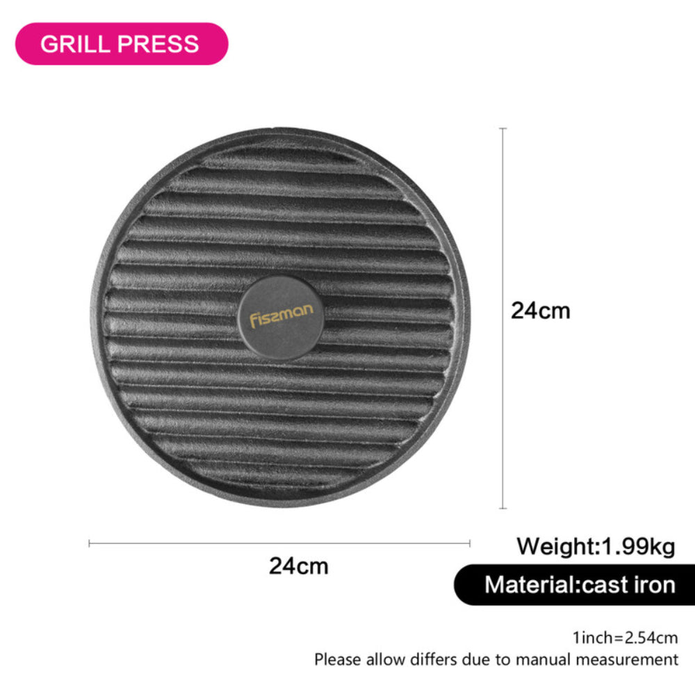 Fissman Round Grill Press With Bakelite Knob Cast Iron Black 24cm