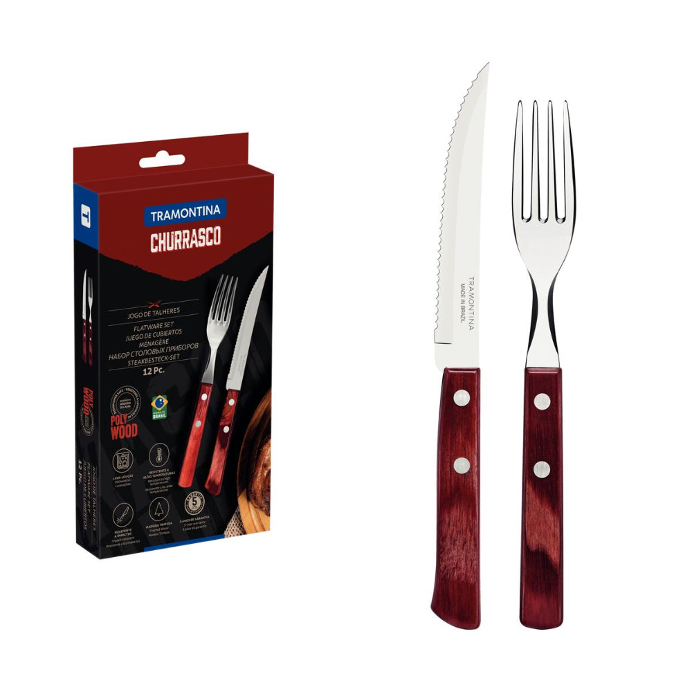 Tramontina Since 1911 Made In Brazil Tramontina 12-Piece Barbecue Flatware With Stainless-Steel Blades And Treated Red Polywood Handles