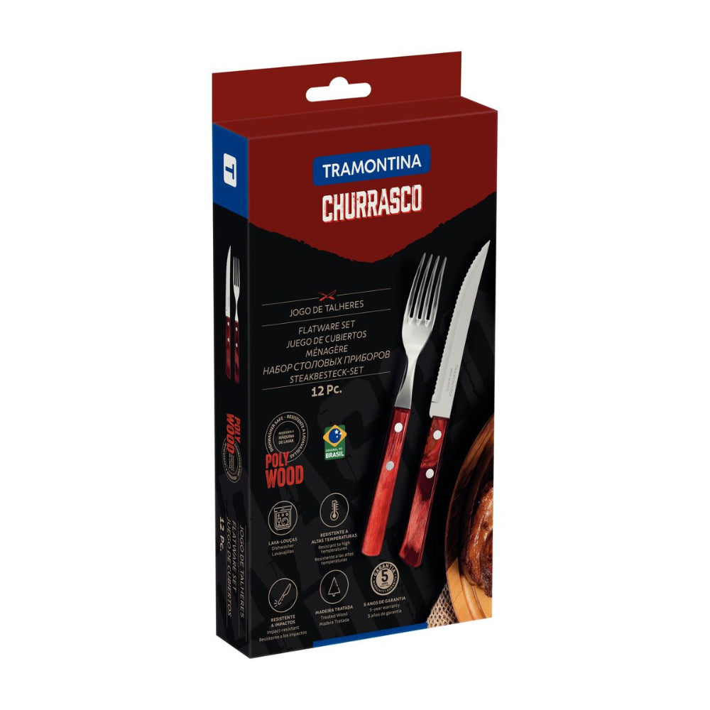 Tramontina Since 1911 Made In Brazil Tramontina 12-Piece Barbecue Flatware With Stainless-Steel Blades And Treated Red Polywood Handles