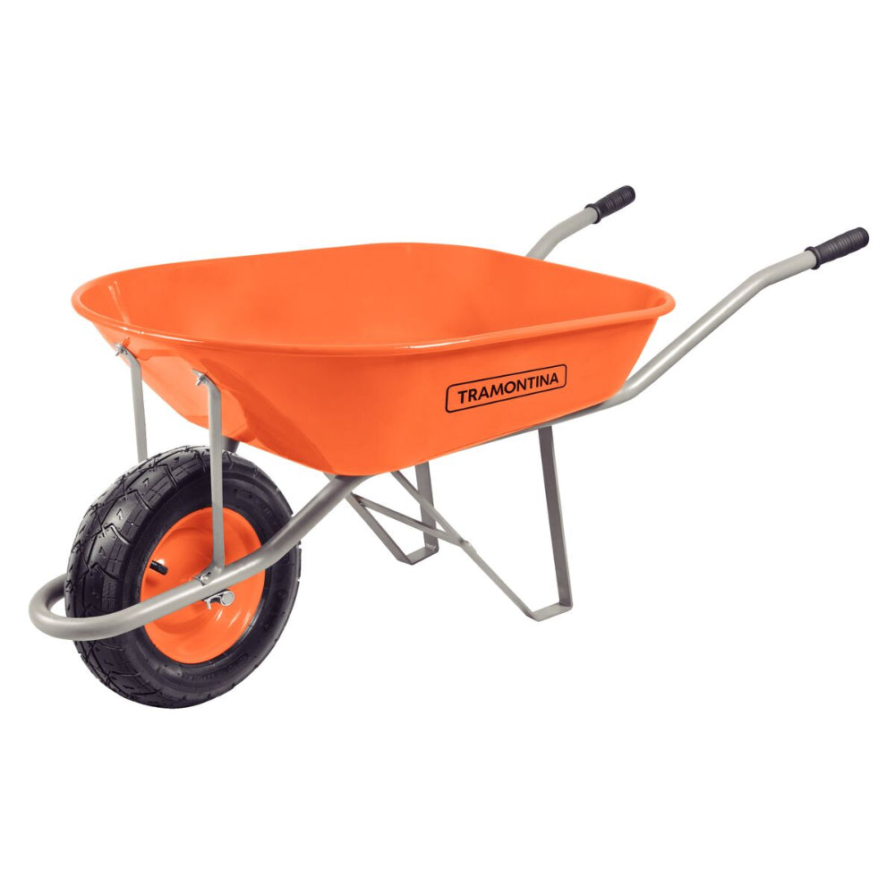 Tramontina Since 1911 Made In Brazil Tramontina'S Wheelbarrow With Orange Metal Extra Deep Bucket 80 L, Metallic Handle And Pneumatic Tire