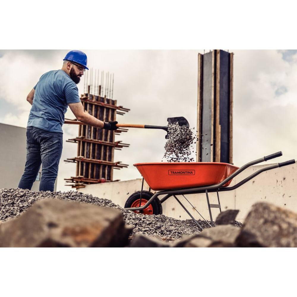 Tramontina Since 1911 Made In Brazil Tramontina'S Wheelbarrow With Orange Metal Extra Deep Bucket 80 L, Metallic Handle And Pneumatic Tire