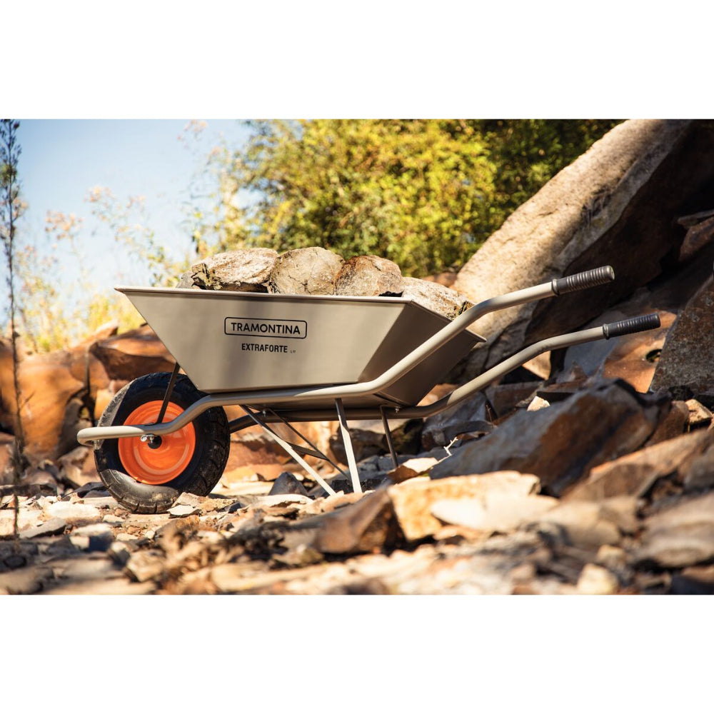 Tramontina Since 1911 Made In Brazil Tramontina'S Wheelbarrow Extraforte With Gray Metal Heavy-Duty Bucket 65 L, Metallic Handle And Pneumatic Tire